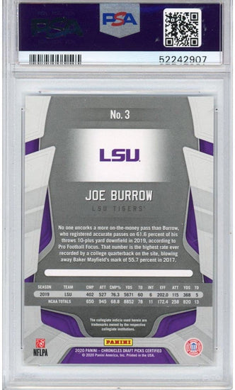 Graded 2020 Panini Chronicles Draft Picks Joe Burrow #3 Certified Rookie RC Football Card PSA 10 Gem Mint