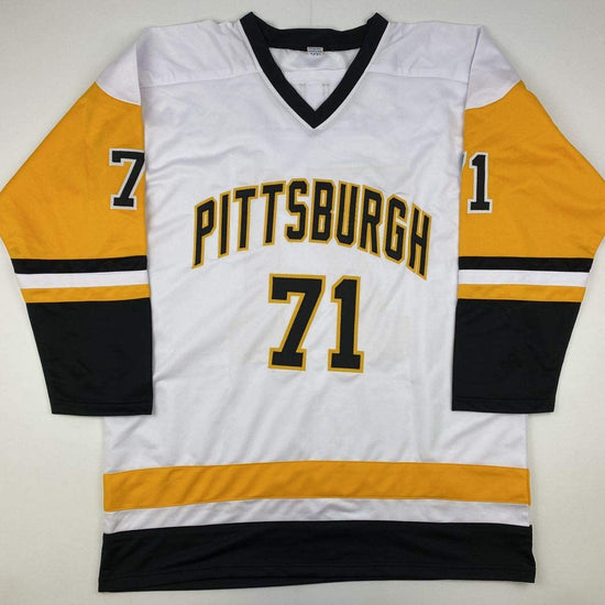 Autographed/Signed Evgeni Malkin Pittsburgh White Hockey Jersey Beckett BAS COA