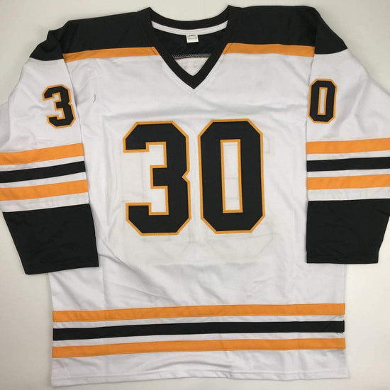 Autographed/Signed Gerry Cheevers"HOF 85" Boston White Hockey Jersey JSA COA