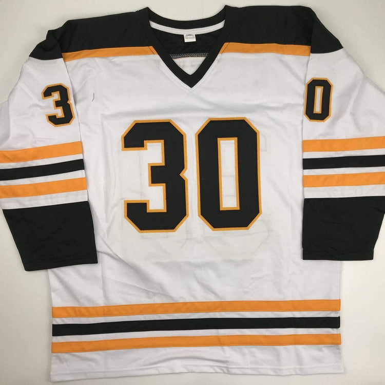 Autographed/Signed Gerry Cheevers"HOF 85" Boston White Hockey Jersey JSA COA