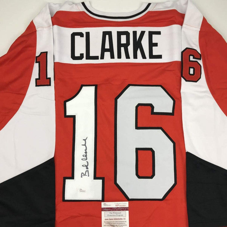 Autographed/Signed Bob Bobby Clarke Philadelphia Orange Hockey Jersey JSA COA
