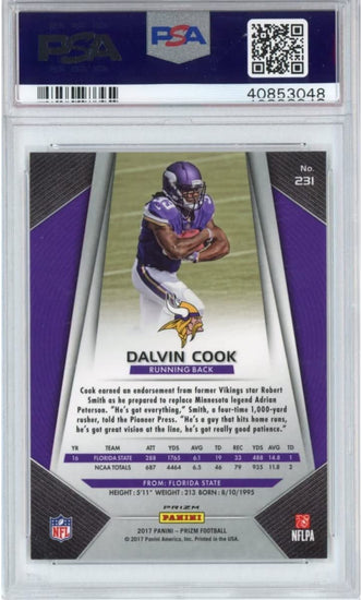 Graded 2017 Panini Prizm Dalvin Cook #231 Silver Prizm Rookie RC Football Card PSA 10 Gem Mint