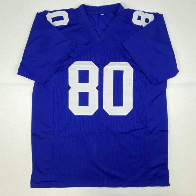 Autographed/Signed Jeremy Shockey New York Blue Football Jersey JSA COA