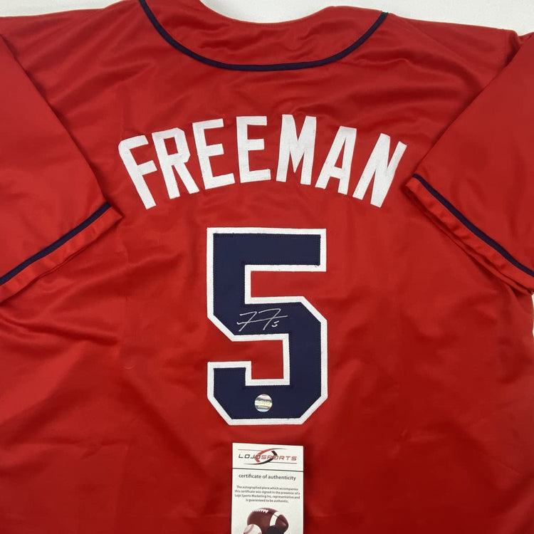 Autographed/Signed Freddie Freeman Atlanta Red Baseball Jersey Lojo Exclusive COA