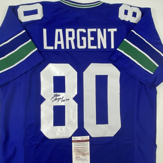 Autographed/Signed Steve Largent HOF 95 Seattle Blue Football Jersey JSA COA