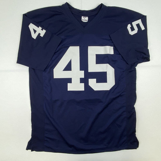 Autographed/Signed Rudy Ruettiger Hand Drawn Play Notre Dame Blue College Football Jersey JSA COA