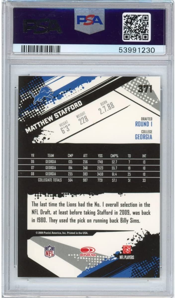 Graded 20019 Score Matthew Stafford #371 Rookie RC Football Card PSA 10 Gem Mint