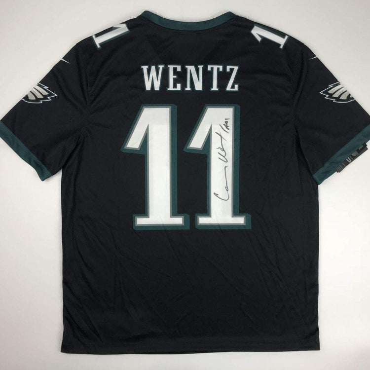 Autographed/Signed Carson Wentz Philadelphia Eagles Black Nike Dri Fit Football Jersey Fanatics COA