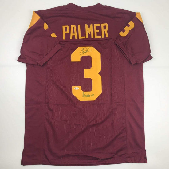 Autographed/Signed Carson Palmer Heisman 02 USC Southen Cal Maroon College Football Jersey Beckett BAS COA