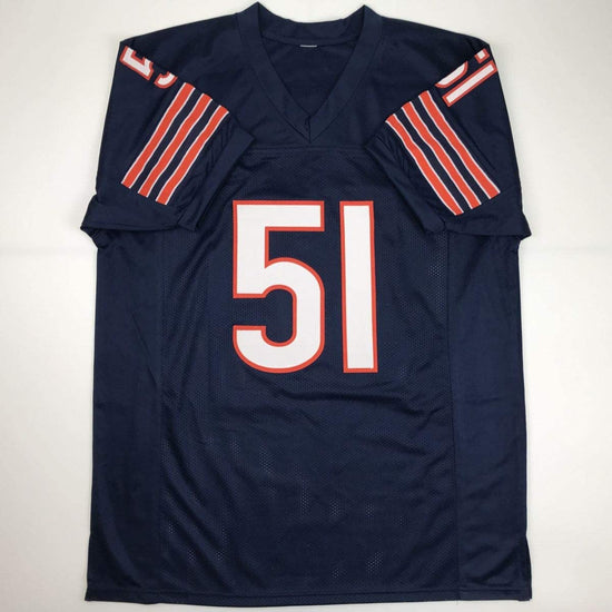 Autographed/Signed Dick Butkus HOF 79 Chicago Blue Football Jersey Beckett BAS COA