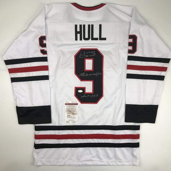 Autographed/Signed Bobby Hull The Golden Jet HOF 1983 Chicago White Hockey Jersey JSA COA