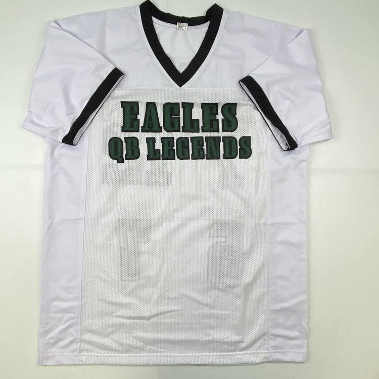 Autographed/Signed Eagles QB Legends McNabb Cunningham Vick Jaworski Philadelphia White Football Jersey JSA COA