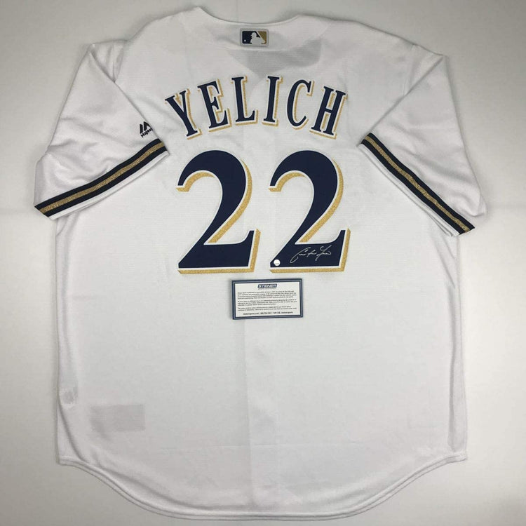 Autographed/Signed Christian Yelich Milwaukee Brewers White Cool Base Baseball Jersey Steiner Sports COA