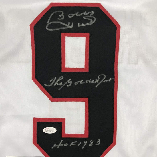 Framed Autographed/Signed Bobby Hull The Golden Jet HOF 1983 33x42 Chicago White Hockey Jersey JSA COA