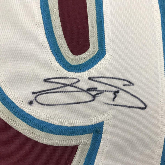 Framed Autographed/Signed Joe Sakic 33x42 Colorado Maroon Hockey Jersey Beckett BAS COA