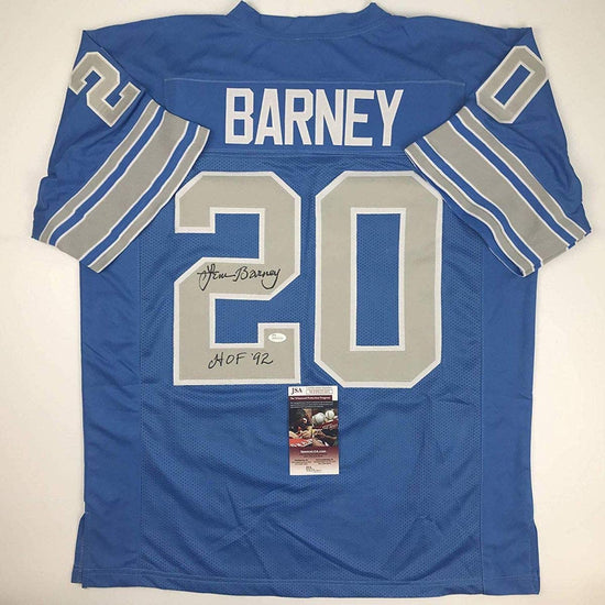 Autographed/Signed Lem Barney"HOF 92" Detroit Blue Football Jersey JSA COA