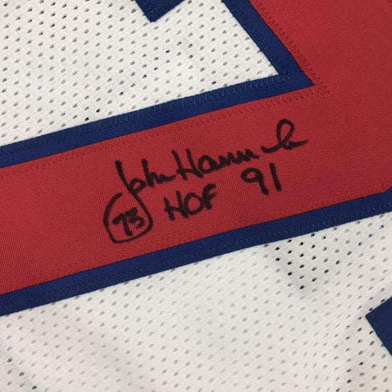Framed Autographed/Signed John Hannah HOF 91 33x42 New England White Football Jersey JSA COA
