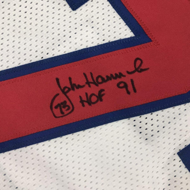 Framed Autographed/Signed John Hannah HOF 91 33x42 New England White Football Jersey JSA COA