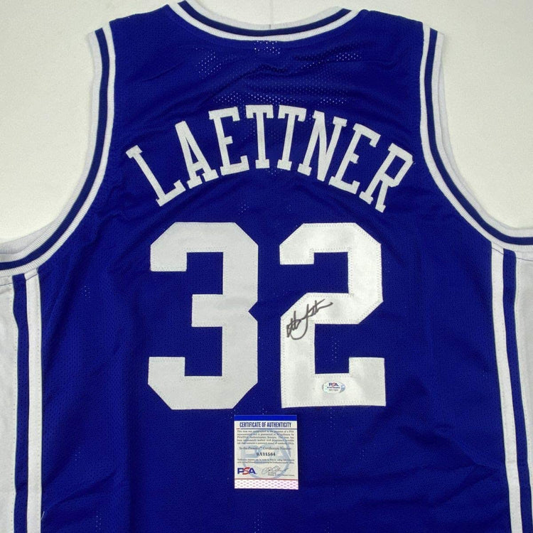 Autographed/Signed Christian Laettner Duke The Shot Blue College Basketball Jersey PSA/DNA COA