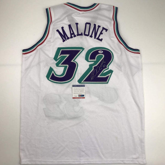 Autographed/Signed Karl Malone Utah White Basketball Jersey PSA/DNA COA