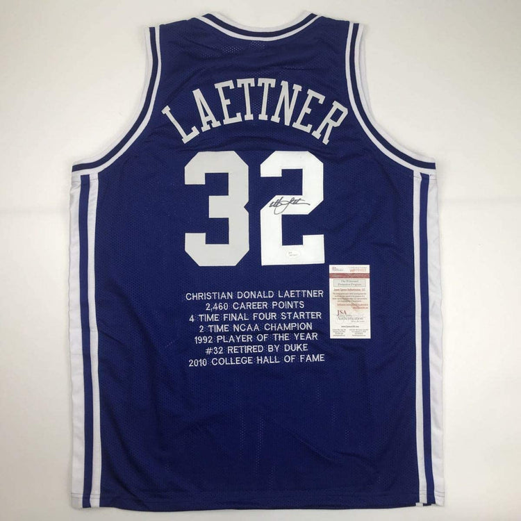 Autographed/Signed Christian Laettner Duke Blue Stat The Shot College Basketball Jersey JSA COA