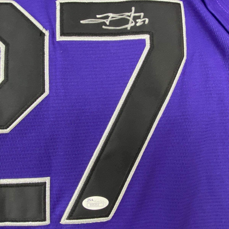 Framed Autographed/Signed Trevor Story 33x42 Colorado Purple Baseball Jersey JSA COA Holo Only