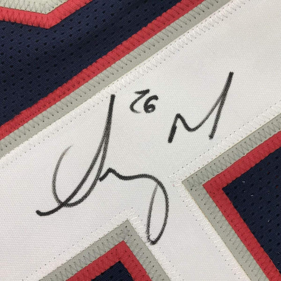 Framed Autographed/Signed Sony Michel 33x42 New England Blue Football Jersey JSA COA