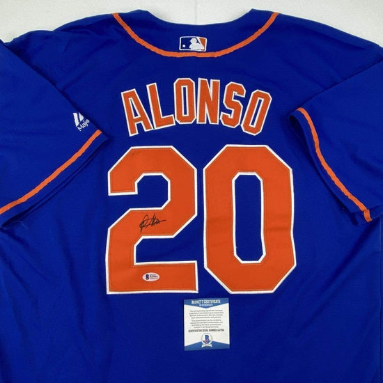 Framed Autographed/Signed Pete Alonso 33x42 New York Blue Baseball Jersey Beckett BAS COA