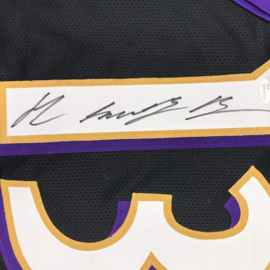 Framed Autographed/Signed John Brown 33x42 Baltimore Black Football Jersey JSA COA