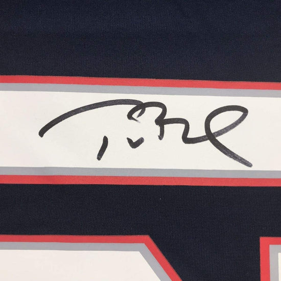 Framed Autographed/Signed Tom Brady 33x42 New England Patriots Blue Authentic Nike Game Football Jersey Tristar COA