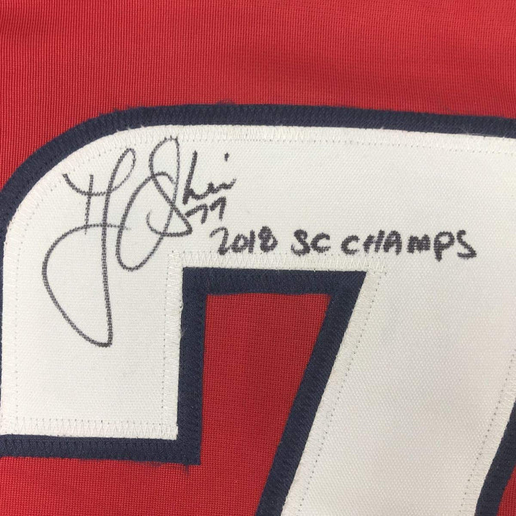 Framed Autographed/Signed TJ T.J. Oshie 2018 SC Champs 33x42 Washington Red Hockey Jersey Beckett BAS COA