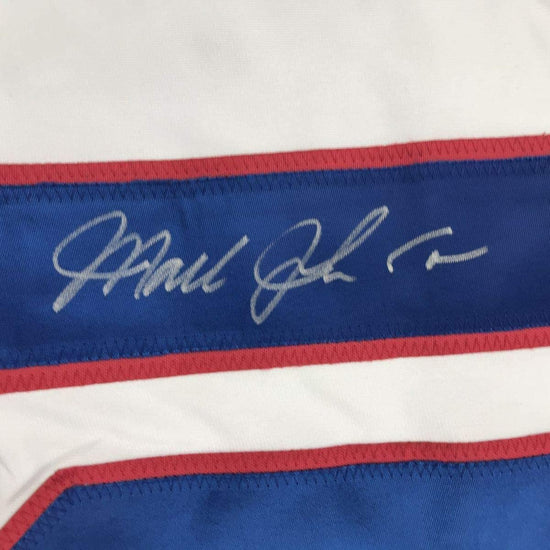 Framed Autographed/Signed Mark Johnson 33x42 White Team USA Miracle On Ice 1980 Olympics Hockey Jersey JSA COA