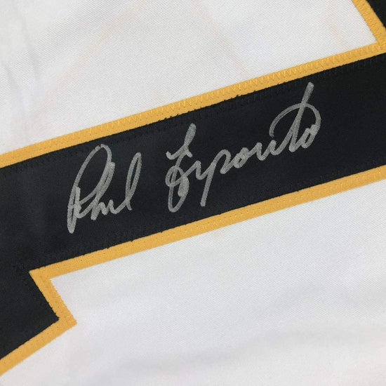 Framed Autographed/Signed Phil Esposito 33x42 Boston White Hockey Jersey JSA COA
