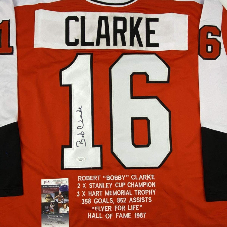 Autographed/Signed Bob Bobby Clarke Philadelphia Orange Stat Hockey Jersey JSA COA
