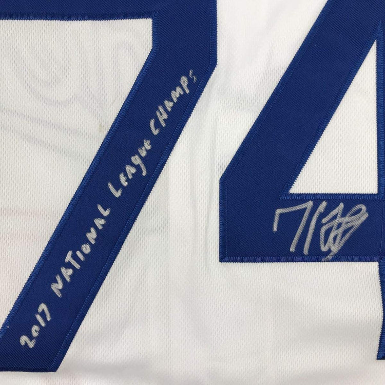Framed Autographed/Signed Kenley Jansen 33x42 2017 National League Champs Los Angeles LA White Baseball Jersey PSA/DNA COA