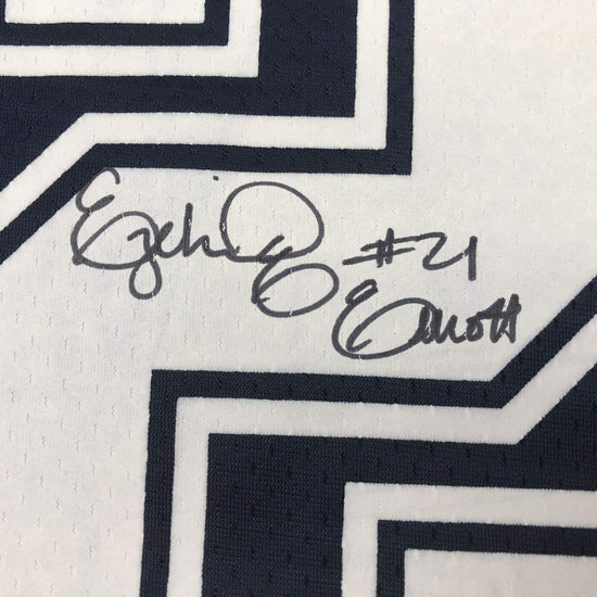 Framed Autographed/Signed Ezekiel Elliott 33x42 Dallas Cowboys Dark Blue Football Jersey Beckett BAS COA