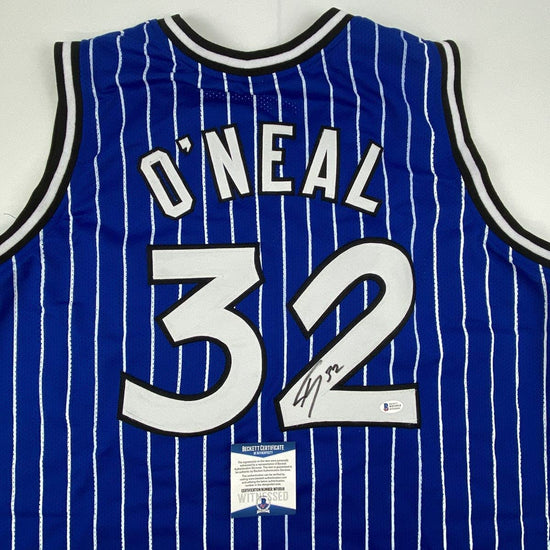 Autographed/Signed Shaquille Shaq O'Neal Orlando Blue Pinstripe Basketball Jersey Beckett BAS COA