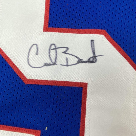 Framed Autographed/Signed Carl Banks 33x42 New York Blue Football Jersey JSA COA