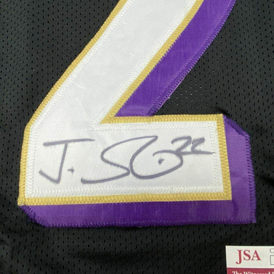 Framed Autographed/Signed Jimmy Smith 33x42 Baltimore Black Football Jersey JSA COA