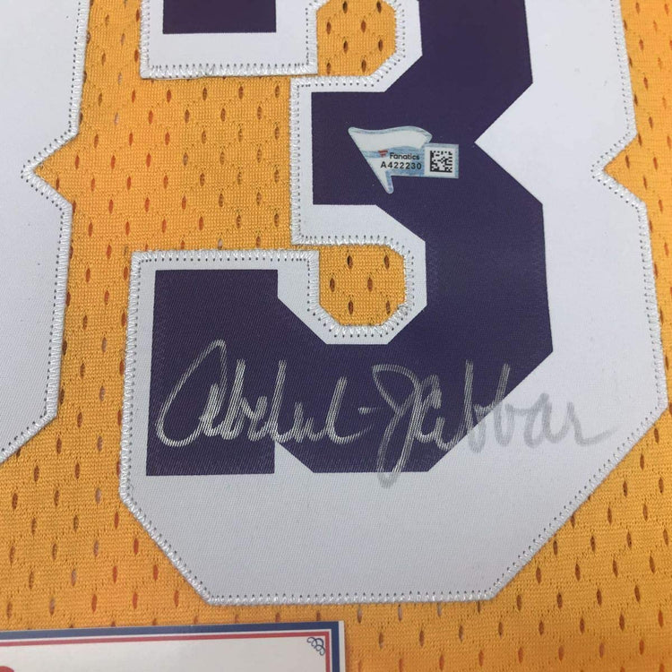 Framed Autographed/Signed Kareem Abdul-Jabbar 33x42 Los Angeles LA Yellow Basketball Jersey Fanatics COA