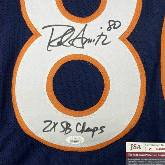 Framed Autographed/Signed Rod Smith 2x SB Champ 33x42 Denver Blue Football Jersey JSA COA