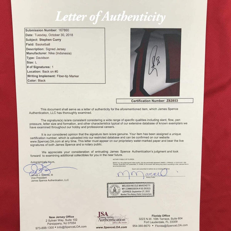 Autographed/Signed Stephen Steph Curry Davidson Wildcats Red Basketball Jersey JSA COA/LOA
