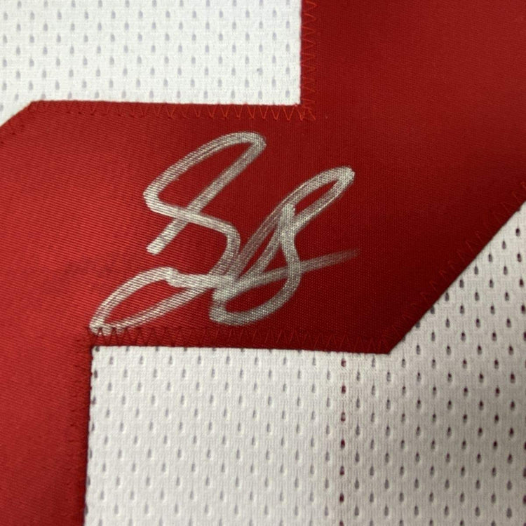 Framed Autographed/Signed Saquon Barkley 33x42 New York White Football Jersey JSA COA
