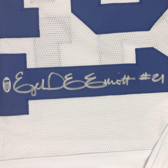 Framed Autographed/Signed Ezekiel Elliott 33x42 Dallas White Football Jersey Beckett BAS COA
