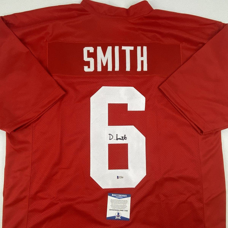 Autographed/Signed Devonta Smith Alabama Red College Football Jersey Beckett BAS COA