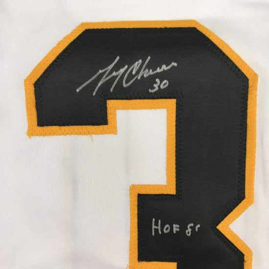 Autographed/Signed Gerry Cheevers"HOF 85" Boston White Hockey Jersey JSA COA
