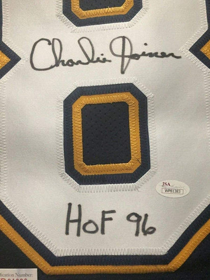 Framed Autographed/Signed Charlie Joiner"HOF 96" 33x42 San Diego Chargers Dark Blue Football Jersey JSA COA
