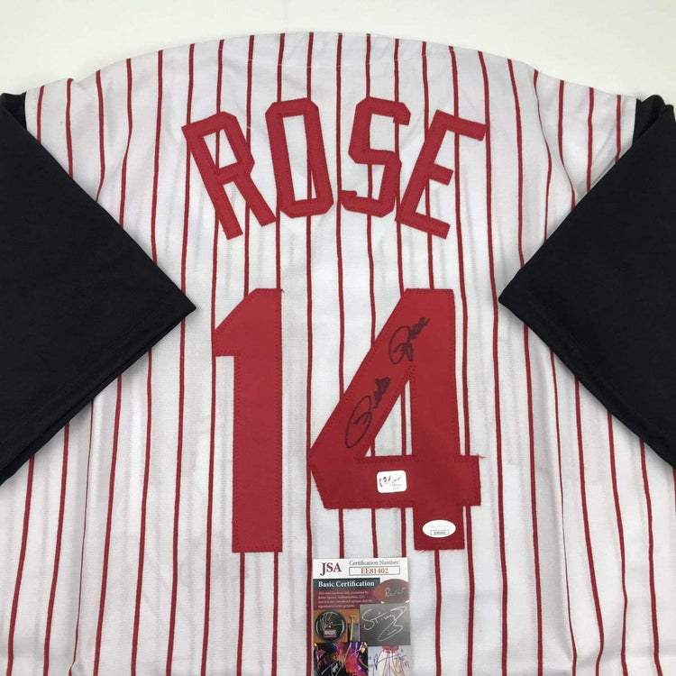 Autographed/Signed Pete Rose Cincinnati Pinstripe Baseball Jersey JSA COA