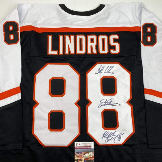 Autographed/Signed Legion of Doom Eric Lindros, John LeClair & Mikail Renberg Philadelphia Black Hockey Jersey JSA COA