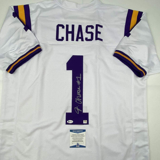 Autographed/Signed Ja'Marr Chase LSU White College Football Jersey Beckett BAS COA
